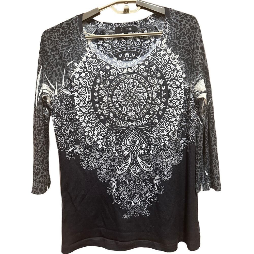 BLEU Tunic Top Size L Gray Long Sleeve Boho Paisley Grunge Fairy Made in USA
